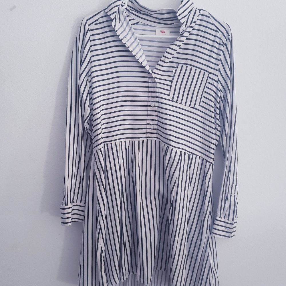 Levi's White & Black Striped Long Sleeve Dress
